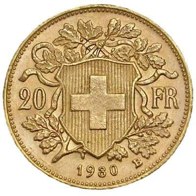 1930 B Switzerland Helvetia 20 Francs Gold Coin