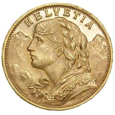 1930 B Switzerland Helvetia 20 Francs Gold Coin