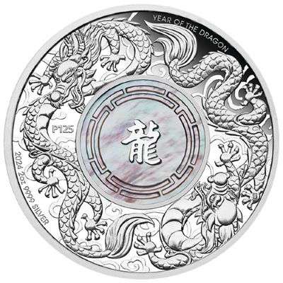 2 oz 2024 Double Dragon Silver Proof Coin with Mother of Pearl Insert