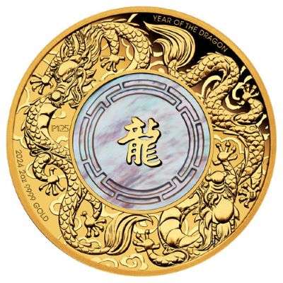 2 oz 2024 Double Dragon Gold Proof Coin with Mother of Pearl Insert